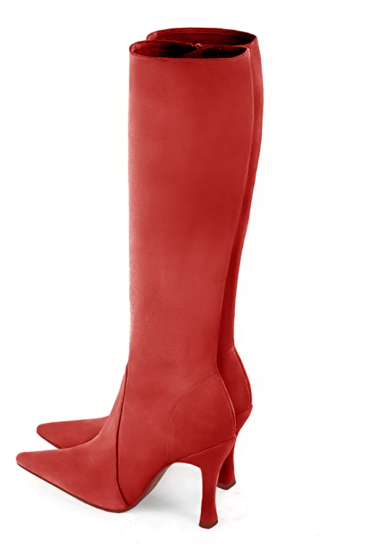 Scarlet red women's feminine knee-high boots. Pointed toe. Very high spool heels. Made to measure. Rear view - Florence KOOIJMAN